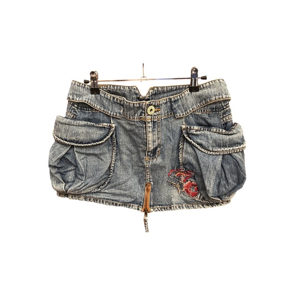 Y2K Pepe Jeans London Denim Mini Skirt Embroidered Floral Cargo Pockets Medium - Picture 1 of 6